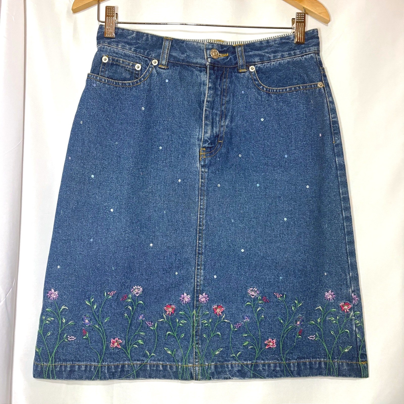 Vintage Embroidered Floral Denim Skirt Sequin Accents A-Line Knee Length
